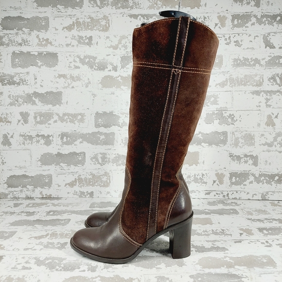 Franco Sarto Tall Brown Leather Suede Block Heel Rounded Toe Boots X230 - Picture 1 of 15